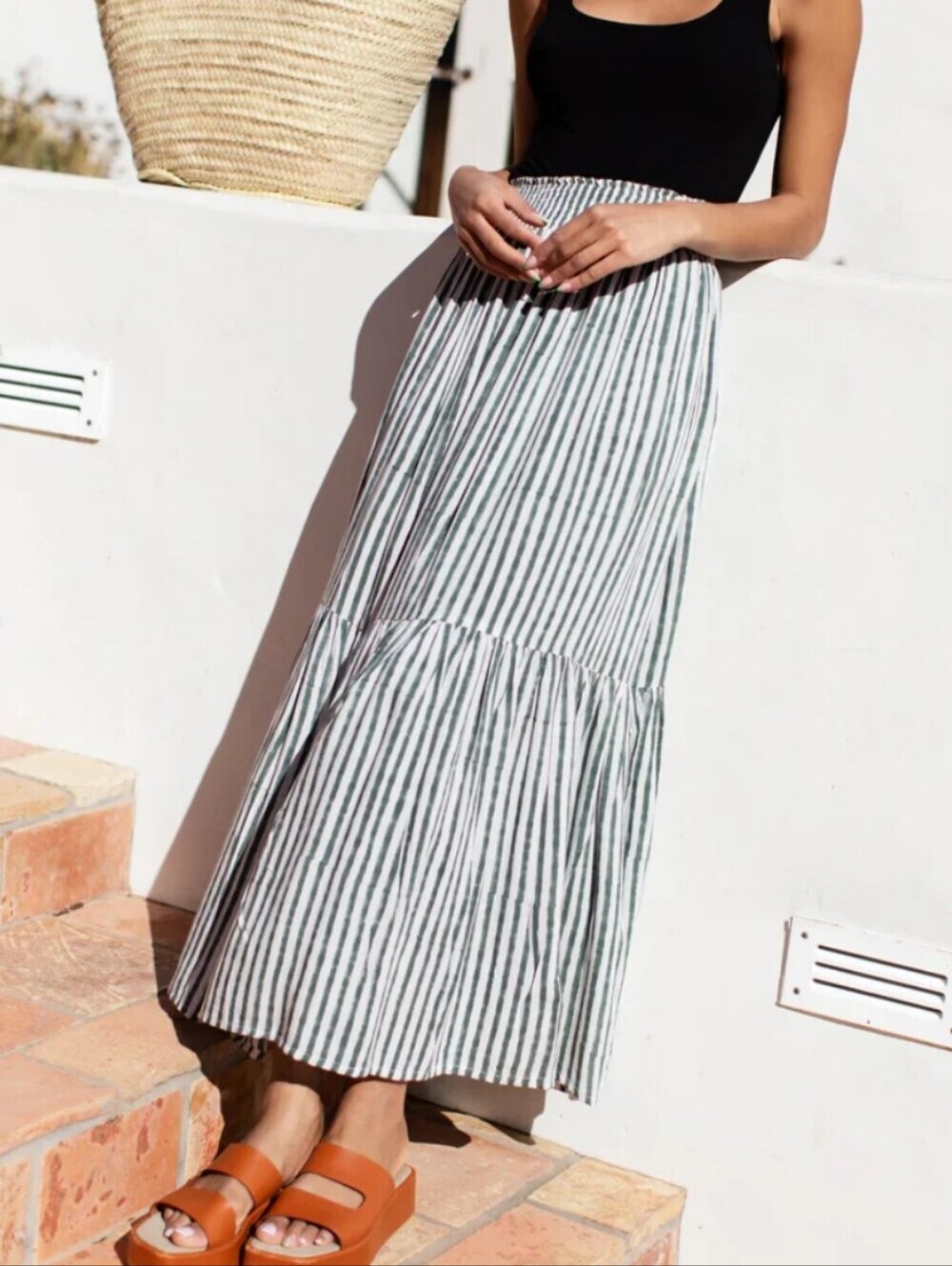 Deja BLEU 100% Cotton Striped Black and White Tiered Maxi Skirt
